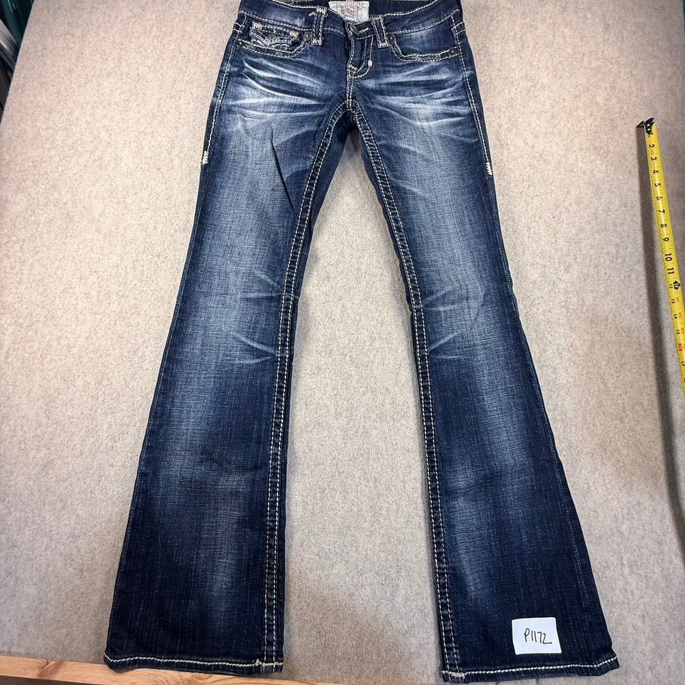 Big Star Sweet Low Rise Flare Jeans Dark Wash Thick Stitch 27L